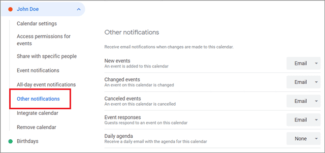 Change notifications for different types of events