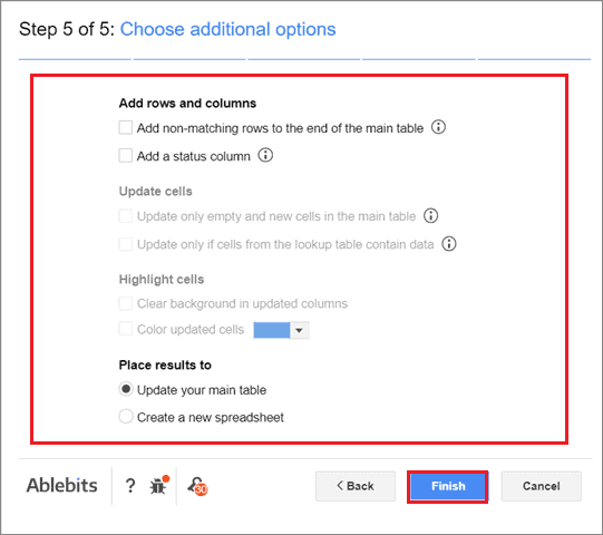 Select additional options