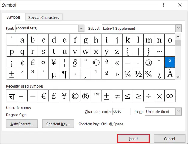 select and insert degree symbol in word