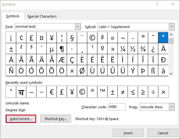 select autocorrect to add degree symbol in word