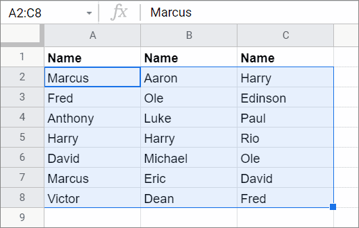 Select the cell range in google sheets