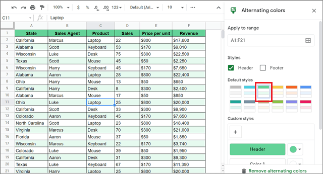 Apply alternating colors for how to make a table in google sheets