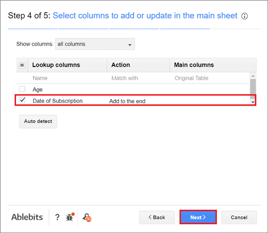 Select the columns to update in the main sheet