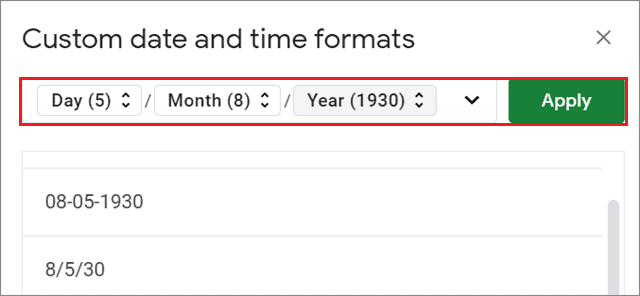 Enter the custom date format