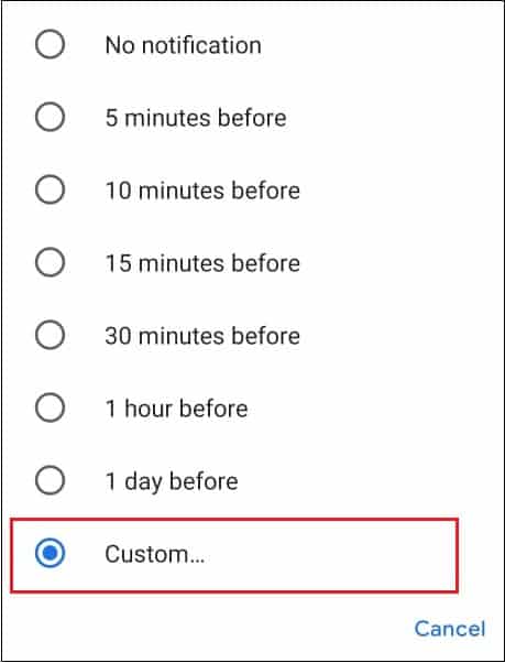 Select Custom to edit google calendar notifications