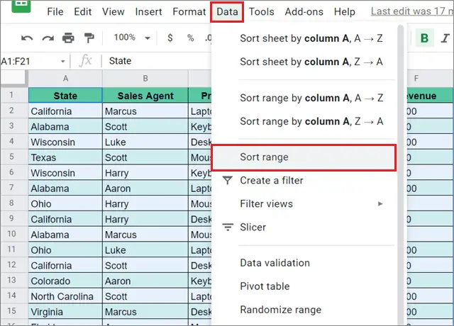 Select Data and click on Sort range