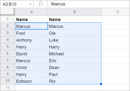 Select the range in the dataset for highlight duplicates in google sheets