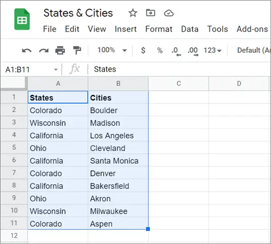 Select the data range for how to sort multiple columns in google sheets