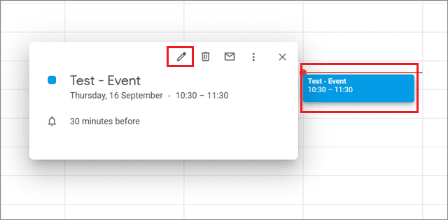 Click on the event and select the pencil icon