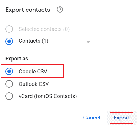 Select Google contacts and choose Export