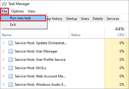 select file and run new task to fix windows 10 desktop icons missing