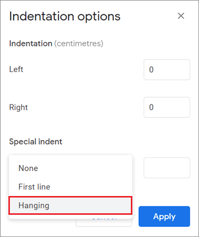 Select Hanging indent