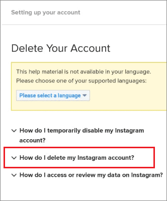 select how to delete instagram account