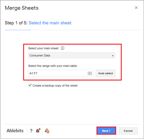 Select main sheet and cell range