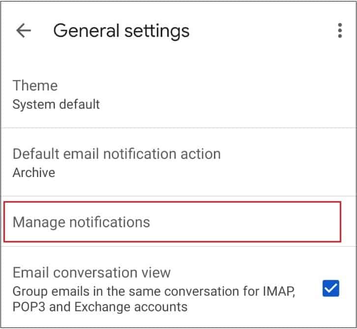 Select Manage notifications if gmail notifications not working