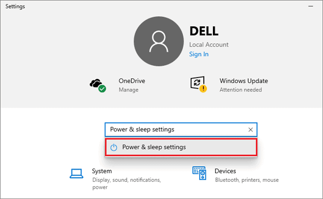 select power sleep settings