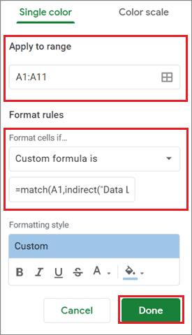 Enter the conditional formatting rule