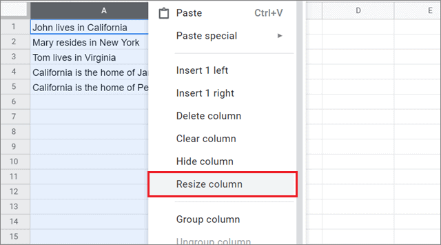 Click on Resize option to change the column and cell size