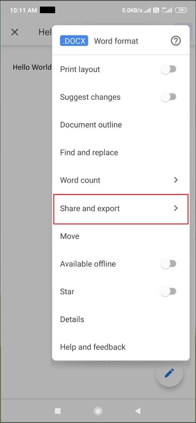 Select Share and export
