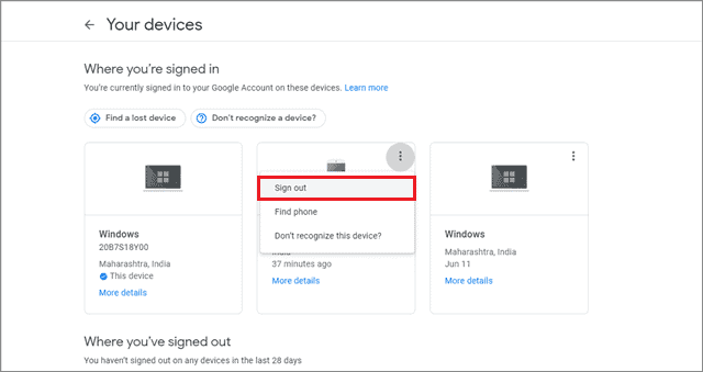 select sign out for google sign out of all devices