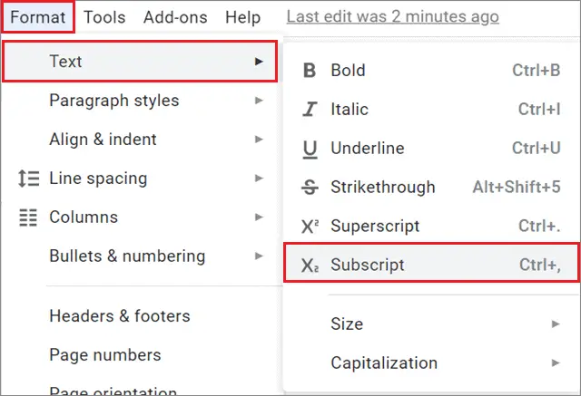 Open the Format menu and select Subscript