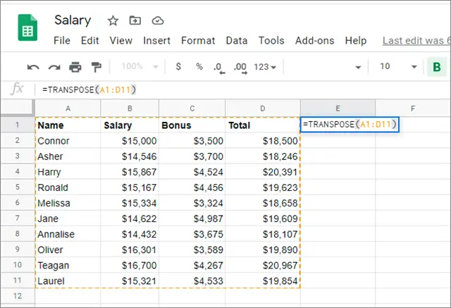 select the cell and enter the transpose formula