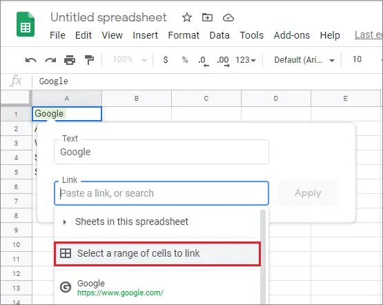 select the cell range option