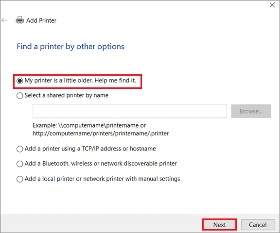 Select the option to fix computer can't find printer