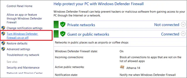 Select Turn Windows Defender Firewall On or Off