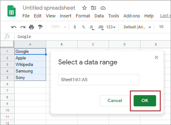 select the range of cells and click ok