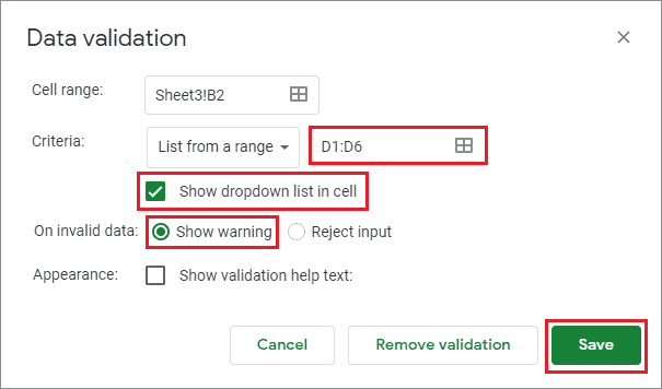 google sheets drop down select the range