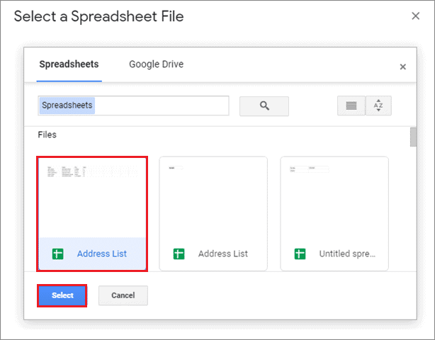 select the spreadsheet and learn how to print labels from google sheets