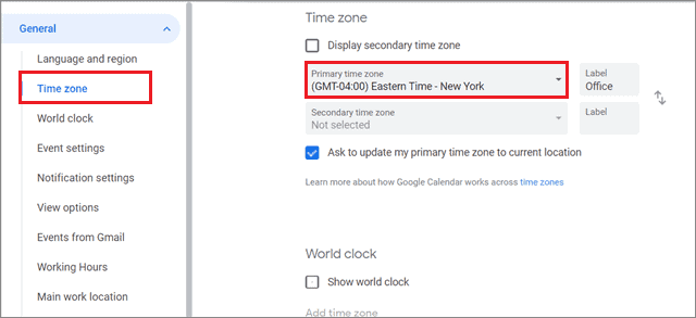  Click on Primary time zone
