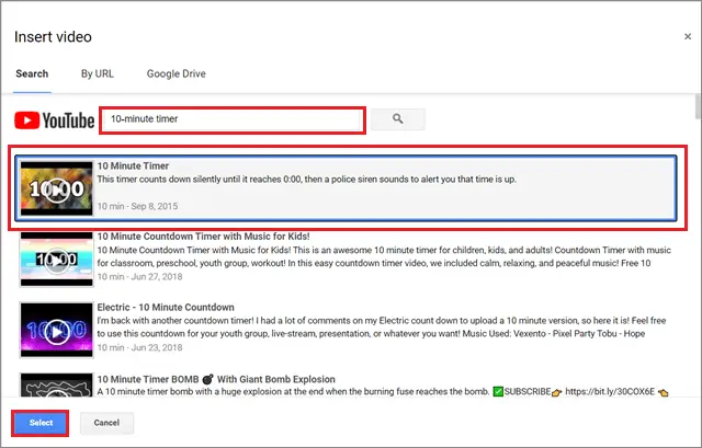 Search for a timer video and click on Select
