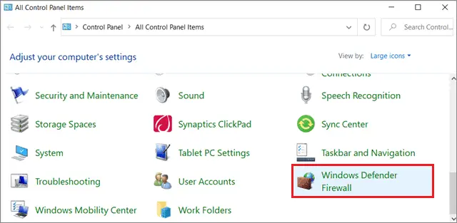Click on Windows Defender Firewall