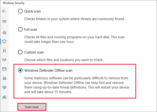 select windows defender offline scan when games keep crashing pc