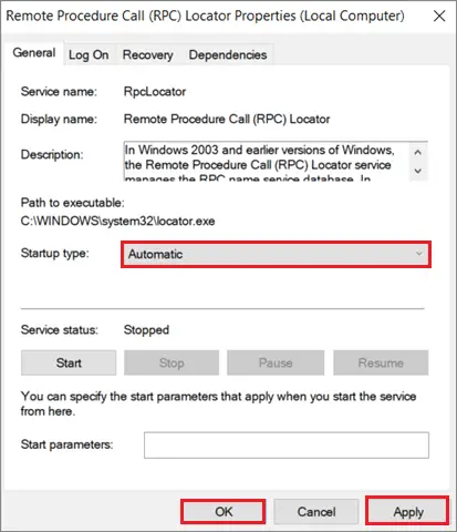 Change the Startup type to Automatic  to fix Print Spooler Keeps Stopping