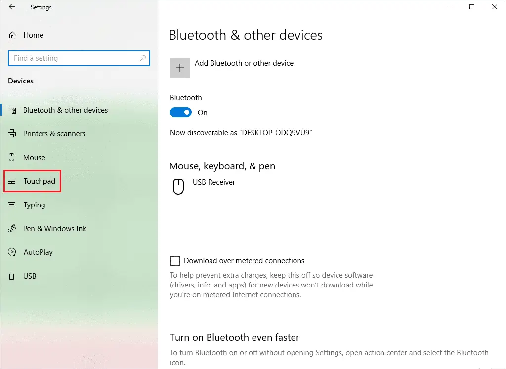 settings app to disable touchpad windows 10