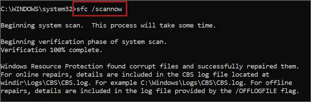 sfc /scannow command execution to fix windows 10 reset stuck
