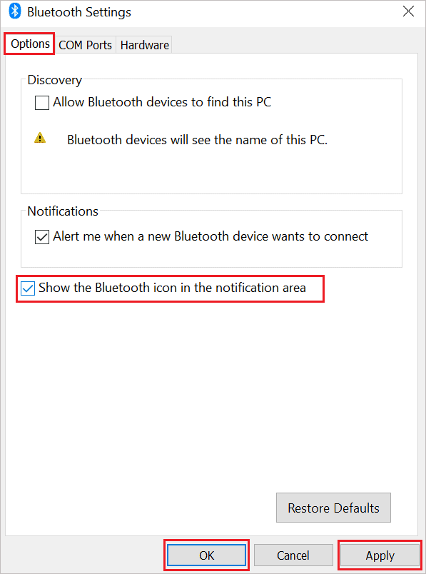 Enable Bluetooth icon in the notification area To Fix Bluetooth Disappeared in Windows 10 