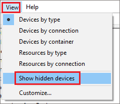 Show hidden devices in Device Manager to fix error 0x80004005