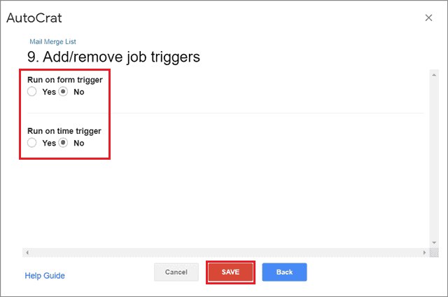 Set trigger options for mail merge in google docs