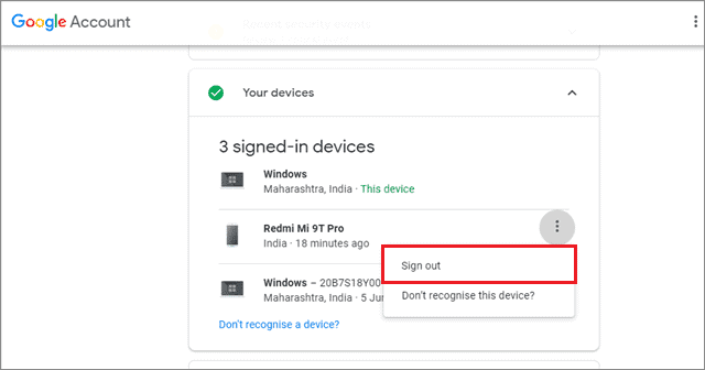 select Sign out on how to sign out of google on all devices