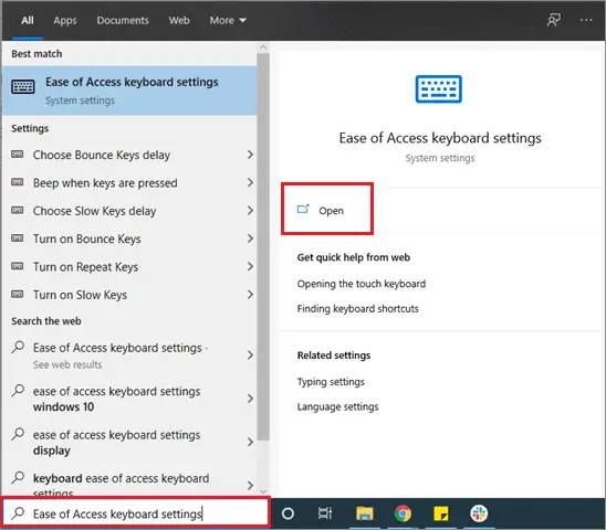 Search and open Ease of Access keyboard settings in the Start menu