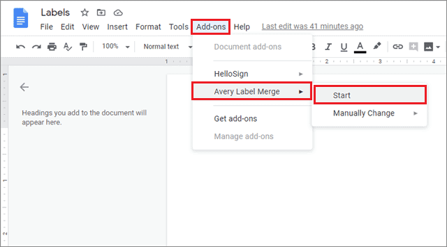 Click on add-ons and select Avery Label Merge