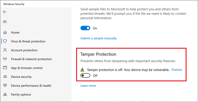 switch off tamper protection