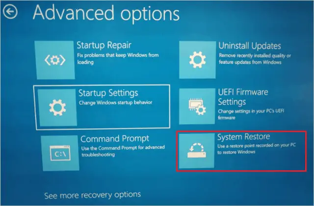 Click on System Restore to fix windows 10 reset stuck