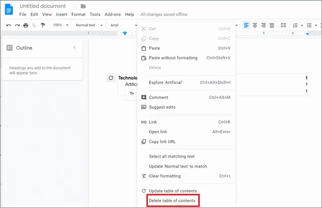 delete the table of contents google docs