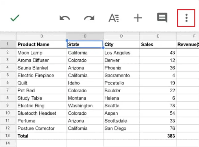 Tap on three vertical dots for filter in Google sheets