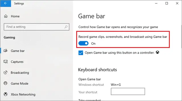 toggle the switch to fix xbox game bar not working